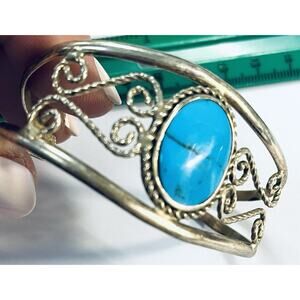 VINTAGE Mexico estate ALPACA SILVER TURQUOISE BLUE Cuff 7" BRACELET Filigree